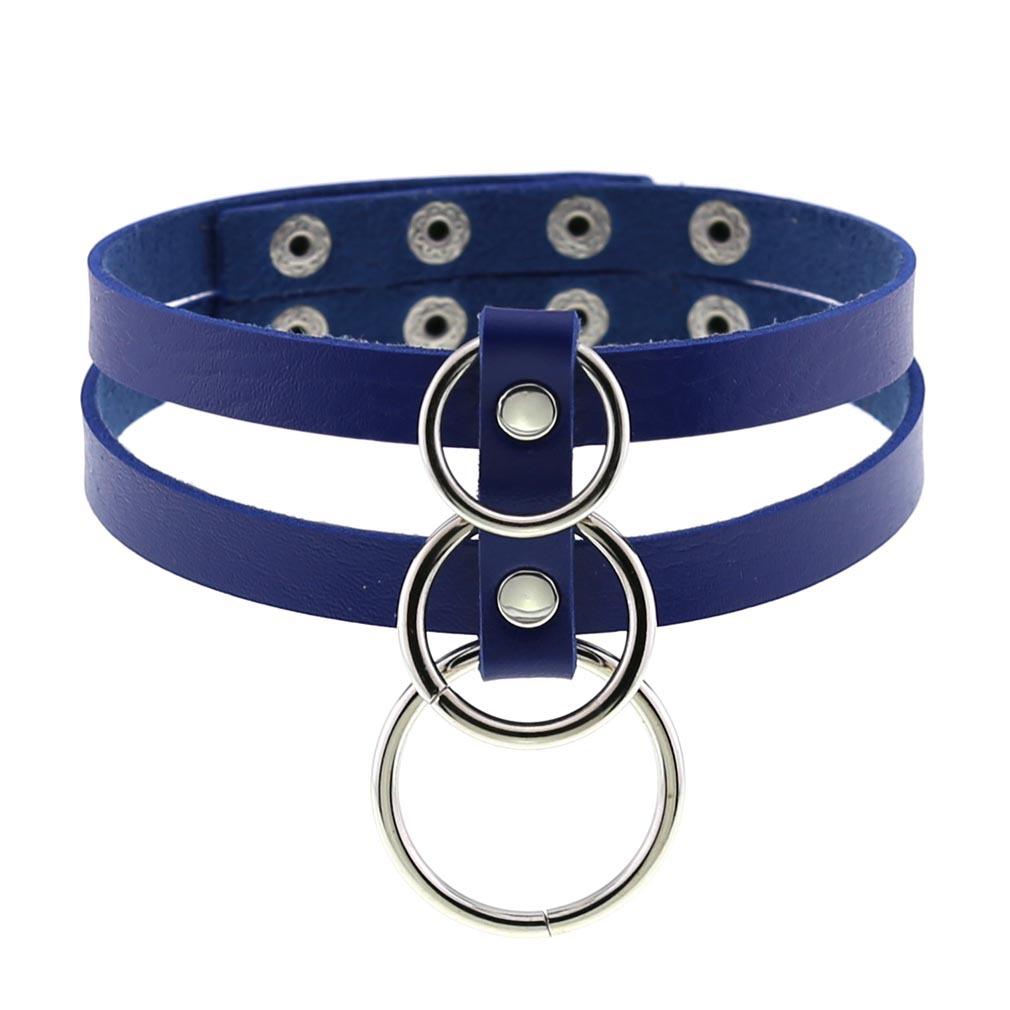 Double Row O-Ring Choker, Punk Two-Row Circular Ring Snap Button Leather Necklace