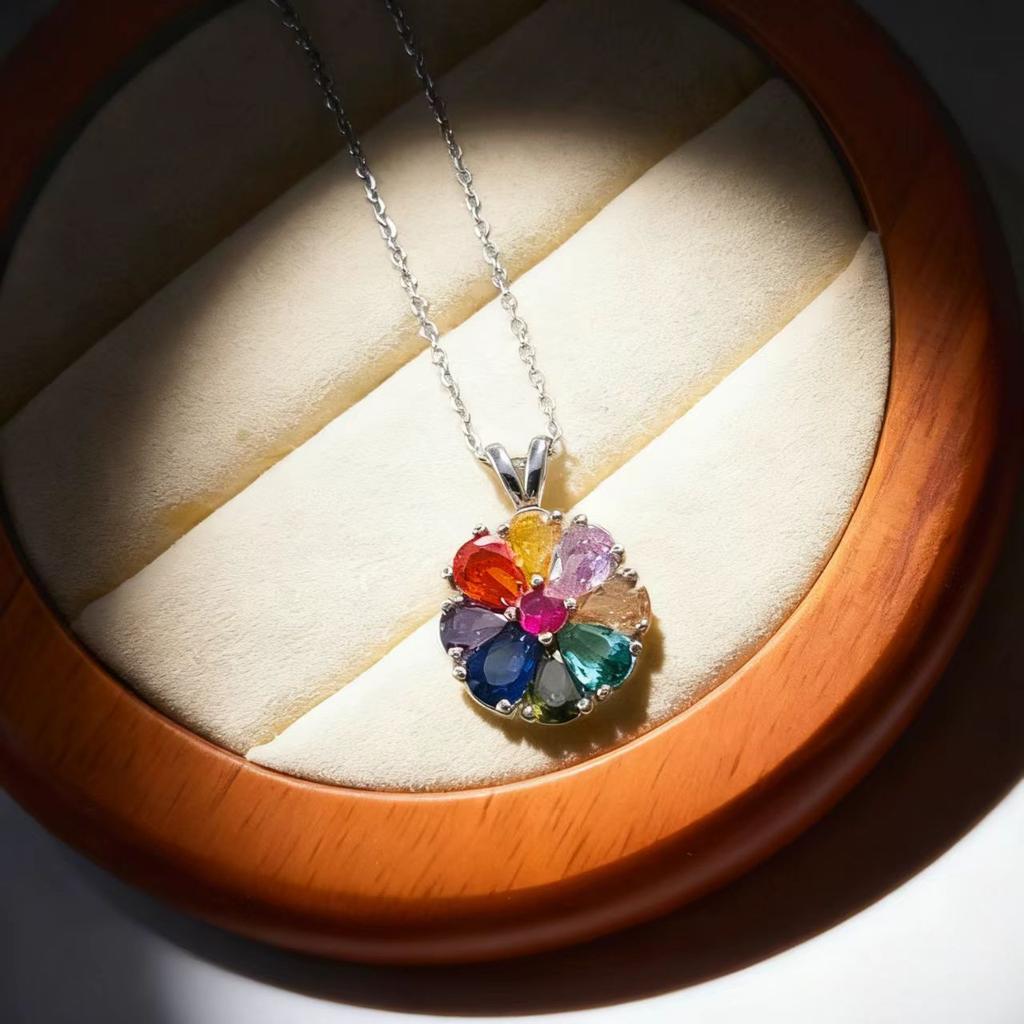 Imitation Colorful Tourmaline Flower Necklace Women's Luxury Group Inlaid Colorful Treasure Pendant Collarbone Chain