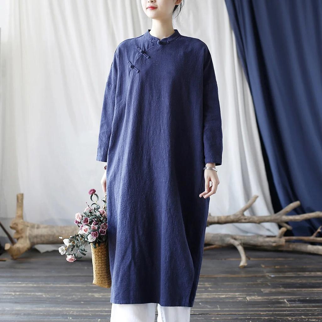 Johnature נשים בסגנון סיני מעמד שמלת שרוולים ארוכים כפתור גלימות אביב צבע אחיד בציר A-line שמלות