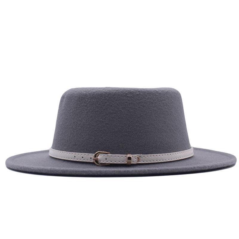 Hat Women's Woolen Top Hat Autumn and Winter Solid Color Retro Gentleman British Style Flat Top Belt Accessories Felt Hat