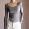 Womens Round Neck Long Sleeve T-Shirt Slim Fit With Side Slit Hem Cotton Blend Casual Top