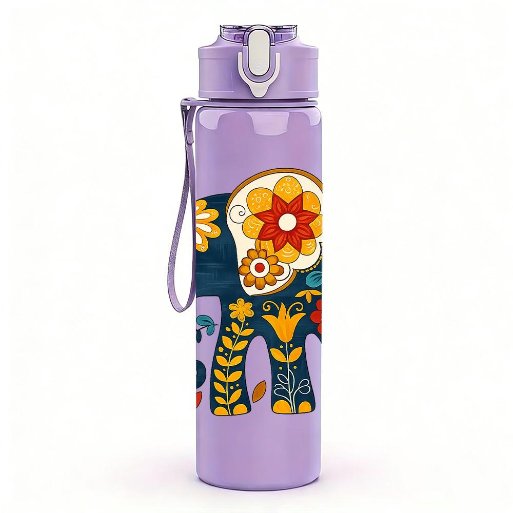 1PC Colorful Elephant Ornament Art Print 750ml Color Plastic Sports Water Bottle Leakproof Flip Straw Lid Suitable for Sports Office Home Use