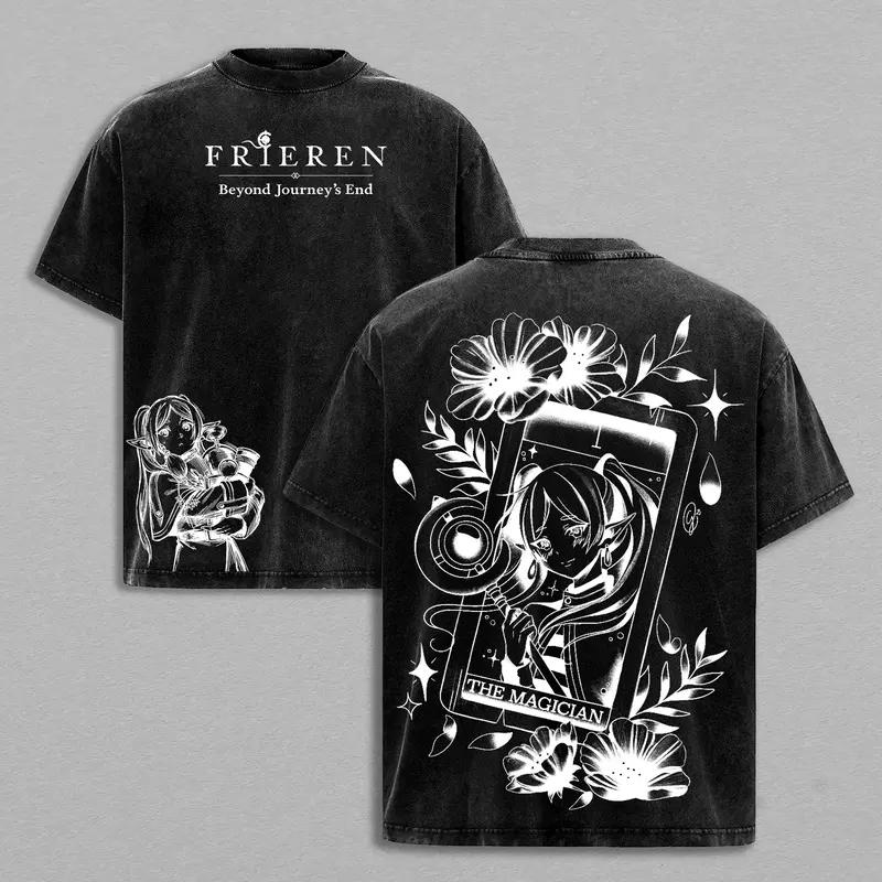 

Frieren Beyond Journey s End T-shir Anime Washed T Shirt Men Unisex Clothing Summer Short Sleeve Cotton Oversized Tees Tops XXL чорний