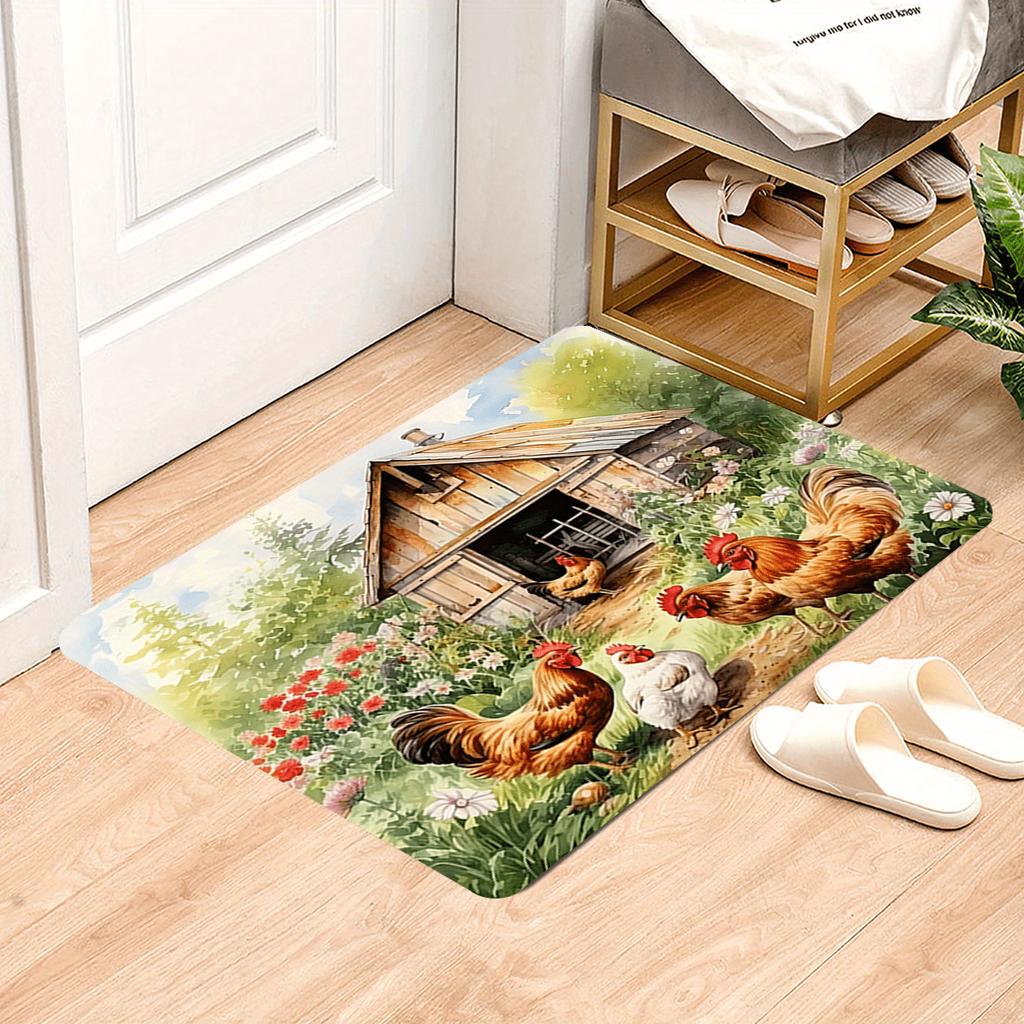 1Pcs Anti Fatigue Kitchen Rugs  Farmhouse Rooster FloralWaterproof Non-Slip Thick Cushioned Kitchen Mat Heavy Duty Comfort Standing Mat for Kitchen