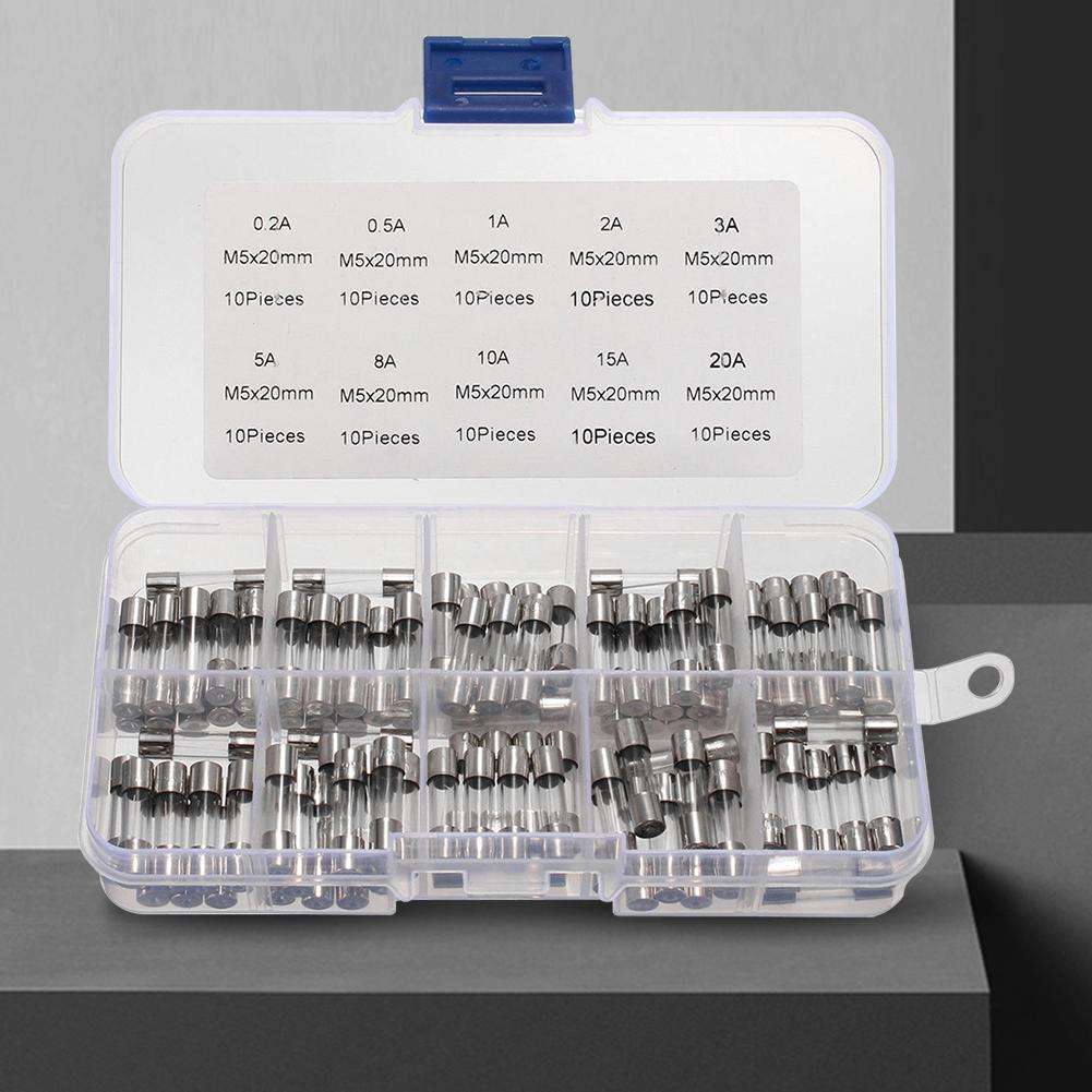100Pcs Fast-blow Glass Tube Fuse 5 * 20MM Fast Acting Glass Fuse Amp 0.2A-20A Glass Fuse Assortment Pack with Storage Box