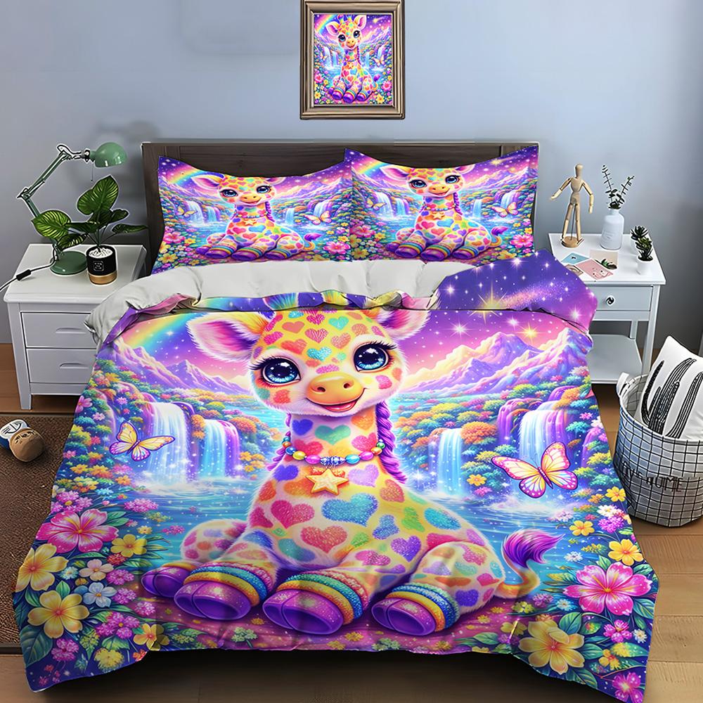 Rainbow waterfall and colorful giraffe Print Bedding Set 1 Duvet Cover 2Pillowcases for Adult and Children Luxury Gift Full Size