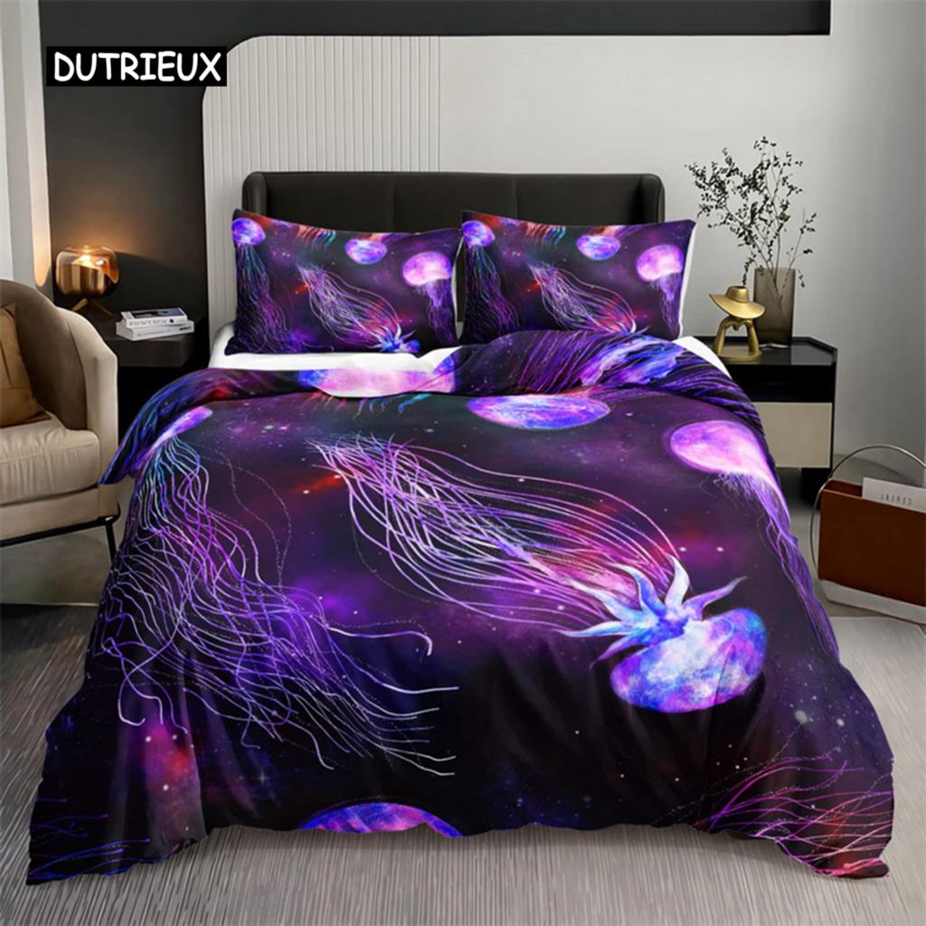 Watercolor Jellyfish Duvet Cover Mermaid Kawaii Sea Turtle Bedding Set Full For Boys Girls Gift Sea Ocean Theme Comforter Cover