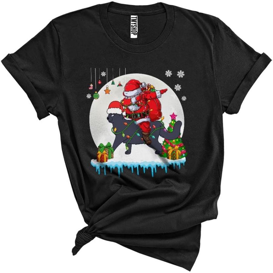Dabbing Santa Riding British Shorthair Santa Cat Xmas Lights Cool Christmas Cat Owner Unisex T-Shirt Black S