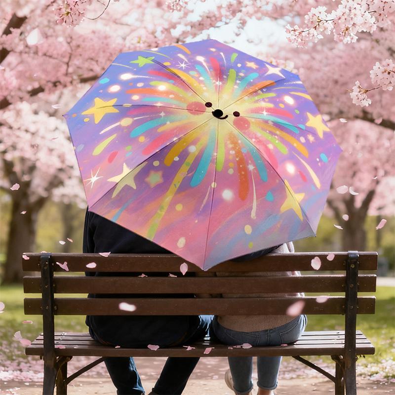 Rainbow Fireworks Happy Face Umbrella: Automatic Opening & Closing, Outdoor Protection, Lightweight Travel Accessory, Durable Gift for Any Occasion