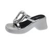 Fashion 2024 Summer New Hollowed Out Gold Buckle High-heeled Slippers with Socialite Style Gold Wedge Heel High-heeled Slippers
