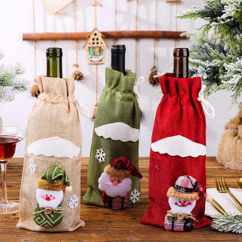 Kreatives Weihnachts-Weinflaschen-Set, goldenes Samtkleid, Weinflaschenhüllen, Ärmel, Weihnachtsmann, Schneemann, Weihnachten, Neujahr, Tischdekoration