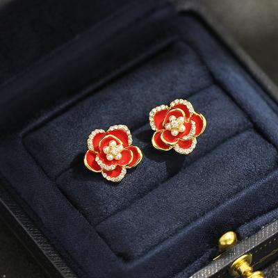 Classic Black Red Oil Drop Rose Stud Earrings Temperament Diamond Set Imitation Pearl Flower 925 Silver Needle Earrings Women's