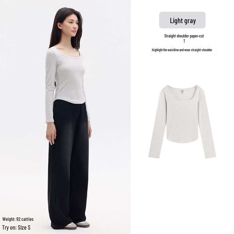 Spicy Girl Square Neck Slimming Long Sleeve T-shirt for Autumn/Winter