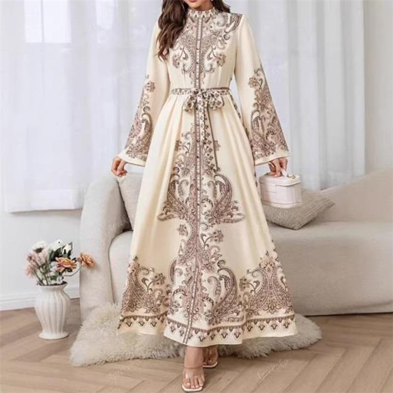 Women's Floral Paisley Print Maxi Dress Long Sleeve High Neck Loose Abaya Elegant Casual Long Dress Islamic Modest Kaftan