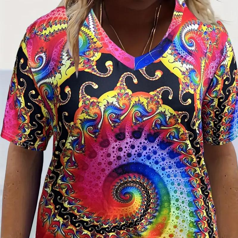 Květiny Tie Dye Malované Blůzy s Krátkým Rukávem Trička s Výstřihem do V Ležérní