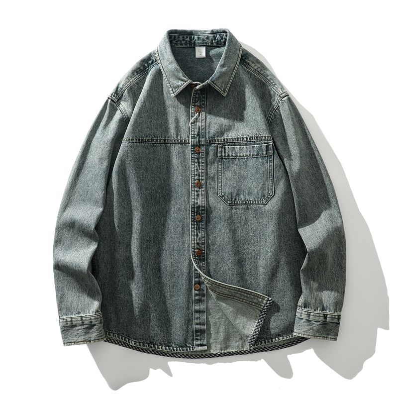 American Retro Heavy-Duty Washed Vintage Denim Work Shirt for Men, Spring and Autumn Jacket, Export Men s Casual Shirt Nostalgic Blue M