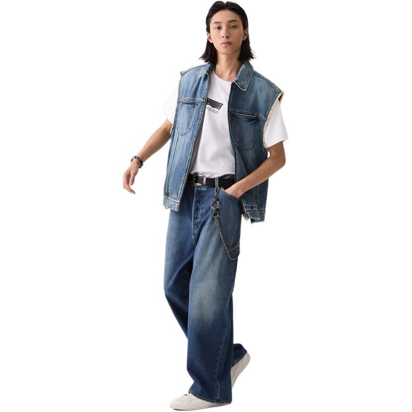 Levis Loose Fit Distressed Fleece Letter Comfortable Zipper Vest Men Vests Dark-Blue 002WY-0001