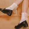 Girls Soft White Lace Lolita Socks Ribbon Bow Socks Women's Mid-Calf Cute Ruffle Frilly Ankle Socks Japanese Style Dress Hosiery