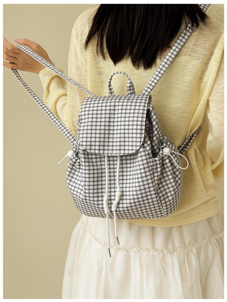 Schoolbag Korean ins Lightweight Nylon Plaid Backpack 1011 New Large Capacity Lazy Wind Versatile Drawstring Small School Bag