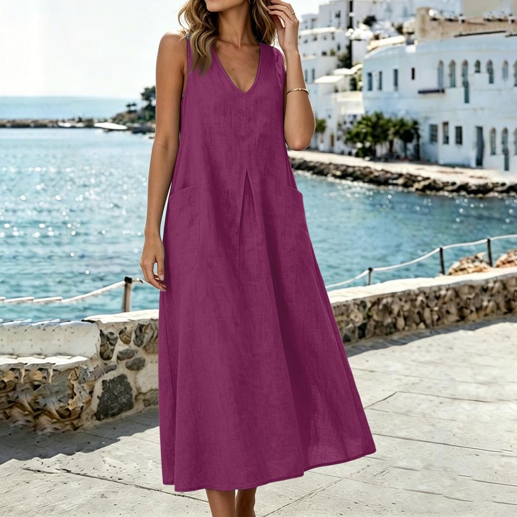 Sleeveless V Neck Midi Dress with Pockets Loose Fit Casual A Line Dress for Women Lightweight Summer Sundress