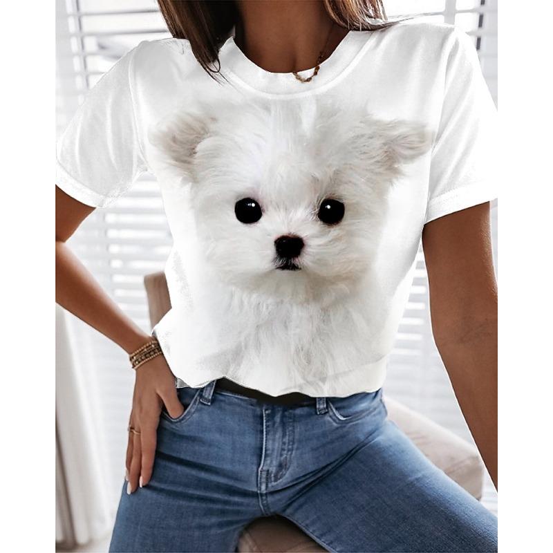 Women's T Shirt Print Dog Basic Short Sleeve Round Neck Regular Tops Daily Weekend Custom Print White Beige Gray