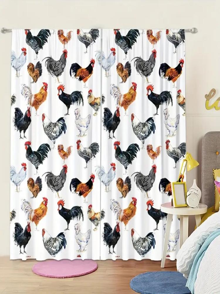 Set Of 2 Colorful Rooster Hen Pattern Printed Curtains Window Decorations Home Room Curtain Made Polyester