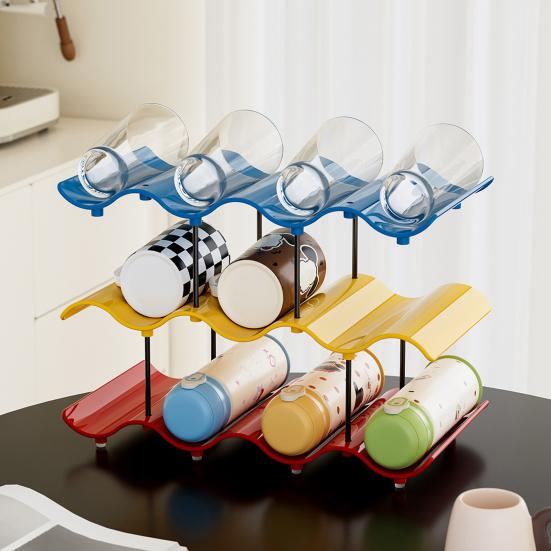 Yangyizhi Cup Storage Rack, Multi-Layer Stacking Organizer, with Wavy Slot Design, Space Saving Desktop Bar for Mugs Glasses Coffee Cups