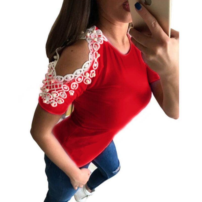 Trendy Women Short Sleeve Off Shoulder Lace Splice Blouse With Comfortable Fit