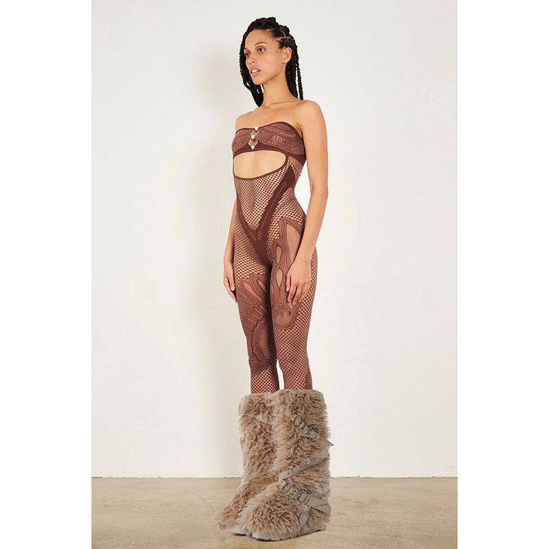 

Kkx Fashion Heels Cut Out Mesh Stitching Rhinestone Tube Top Jumpsuit Street Sexy Skinny Slimming Jumpsuit Brown S/M