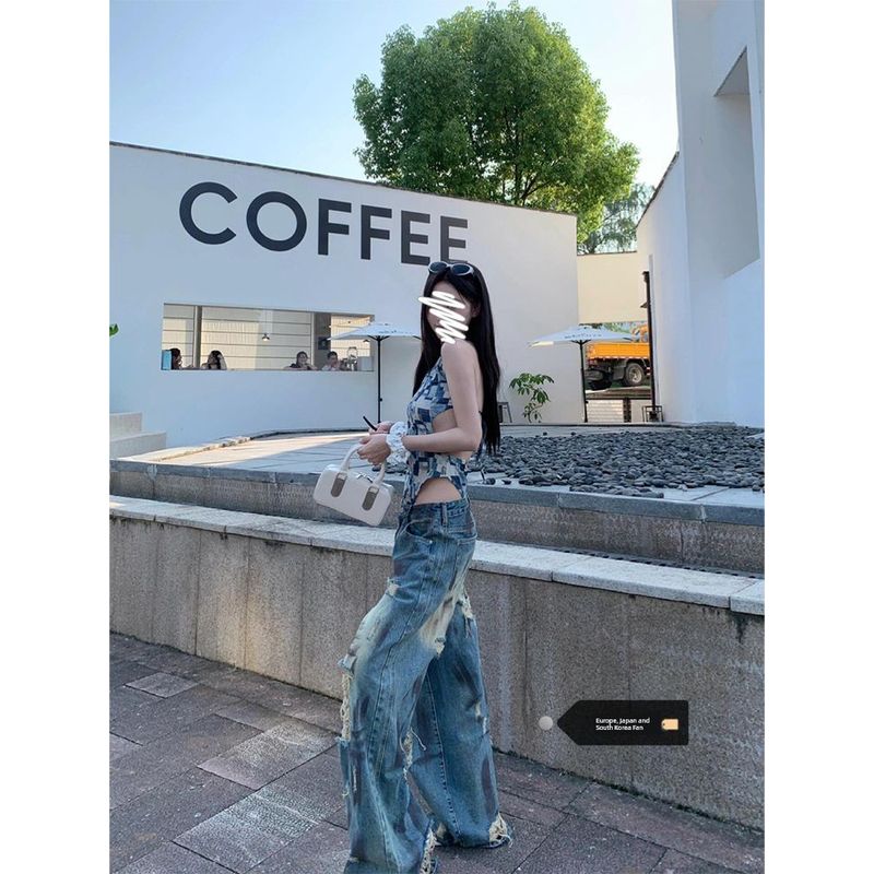 

Plus Size American Retro Water Washed Hole Denim Female Summer High Waist Loose Slim Looking Tie-Dyed Waste Soil Wind Mop Pants Retro Blue [Quality Edition]] S