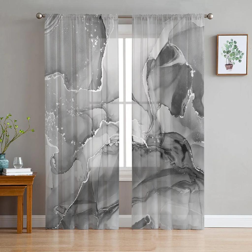 Marble Artistic Texture Gradient Black Transparent Curtains Perfect for Living Room Decoration Window Panel Curtain Cooking Area Tulle Voile Organza