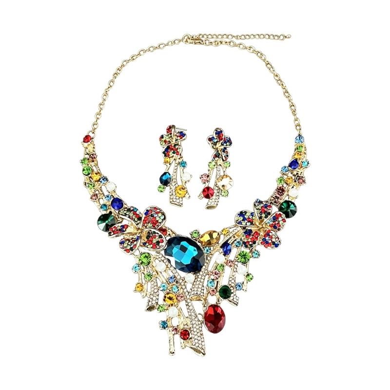 A52E Beautiful Crystal Flower Necklace and Matching Earrings Set for Evening Wear