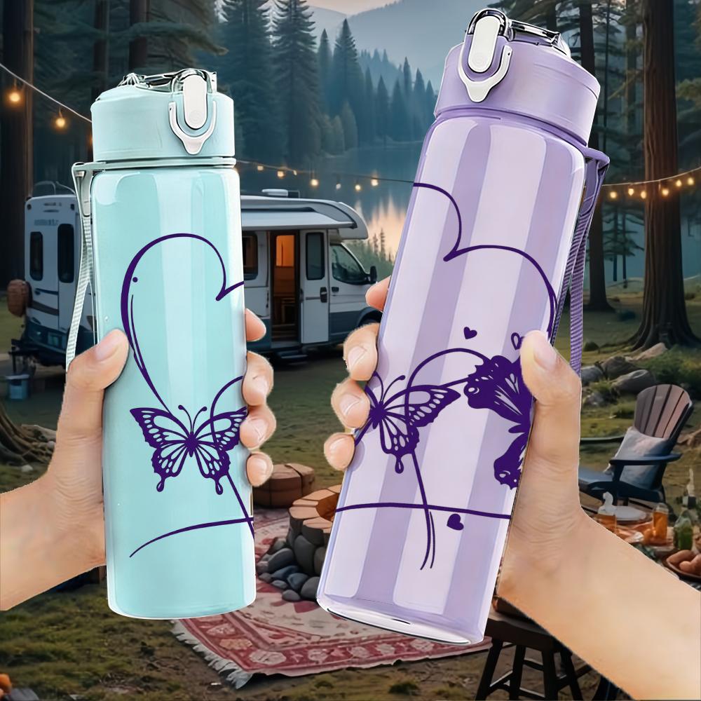1PC Purple Butterfly Thin Heart 750ml Color Plastic Sports Water Bottle Leakproof Flip Straw Lid Suitable for Sports Office Home Use