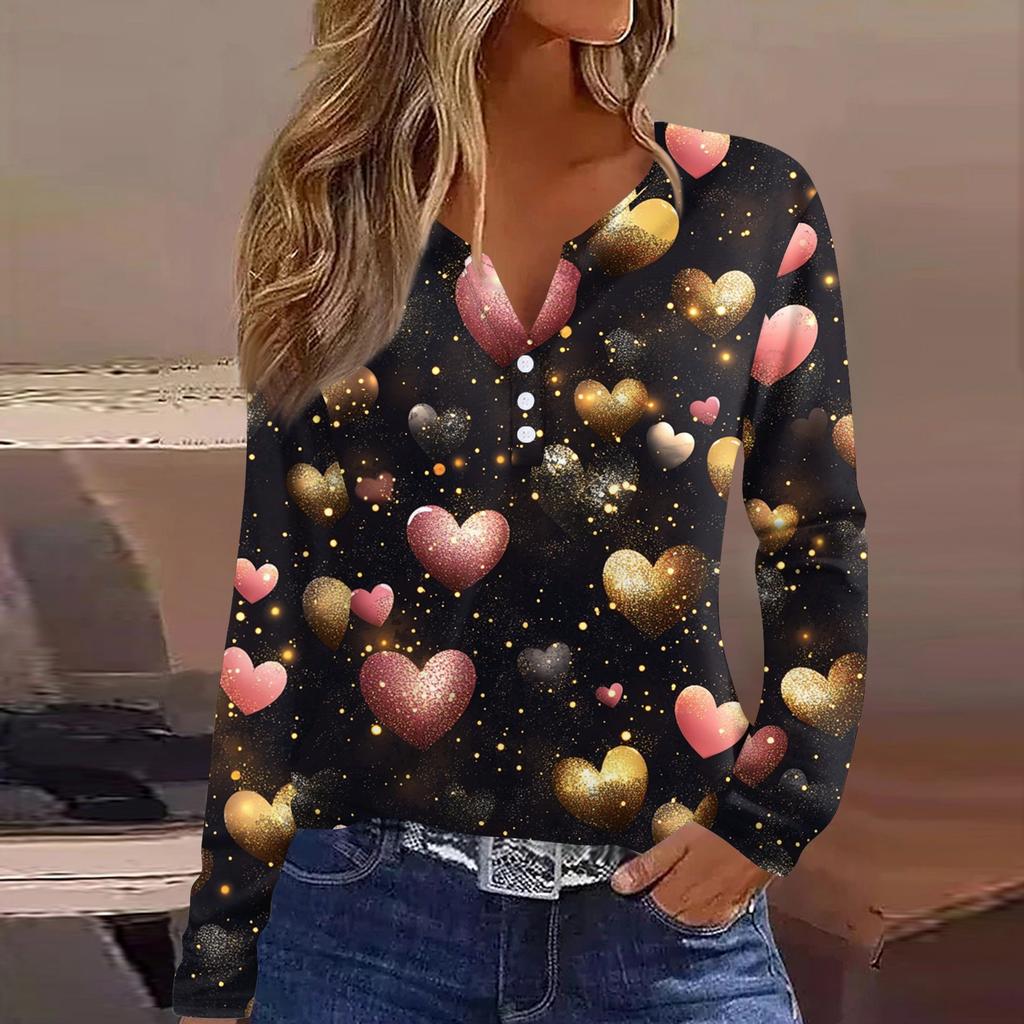 Women's T Shirt Tee Valentine's Day Printed Button Long Sleeve Tunic Daily Weekend Fashion Basic V- Neck Regular Top