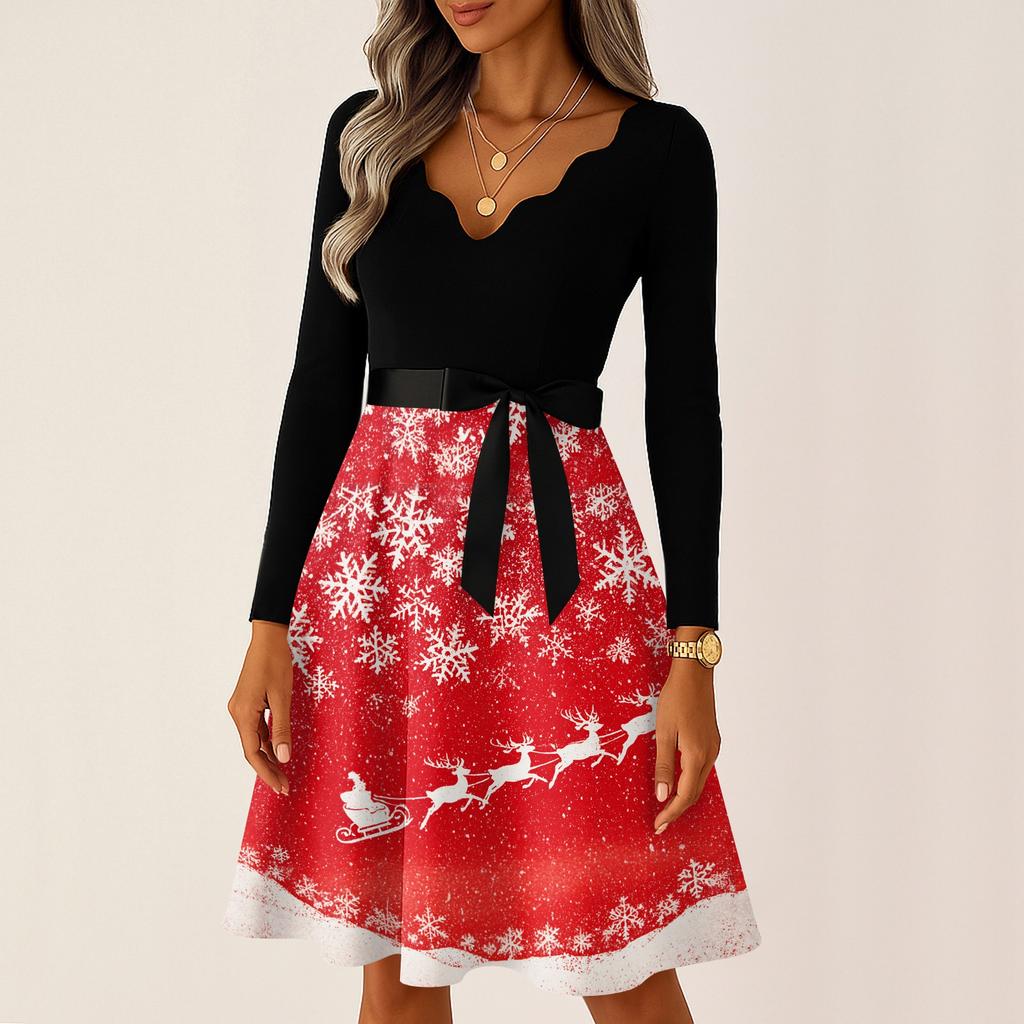 Kvinners avslappet mote langermet julegrafisk trykt vintage lange kjoler