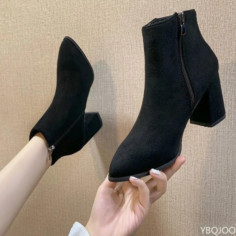 Women's Warm Boots Fashion Mid Heel Autumn New Style Side Zipper Suede Tip Versatile Comfortable Coarse Heel Women's Shoes