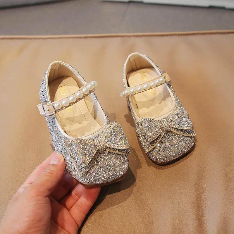 

Fashion Little Girl Runway Performance Catwalk Shoes Student Wedding Party Rhinestone Sparkling Princess Leather Shoes F12302 21 срібний