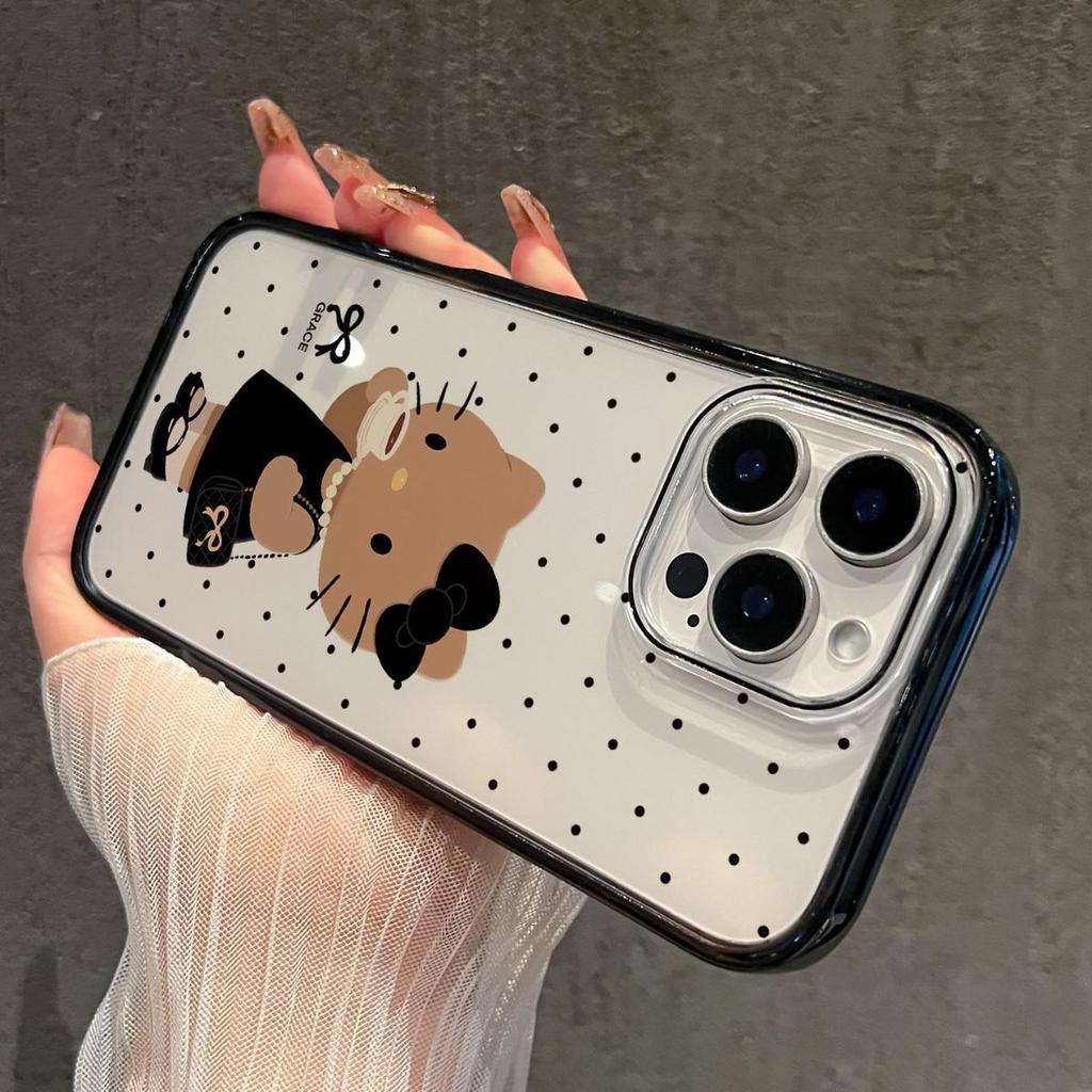 Coffee Kitty Transparent Phone Case for Apple 17ProMax, 16ProMax, 17Pro, 15, 14 with Black Edge - Cute Design