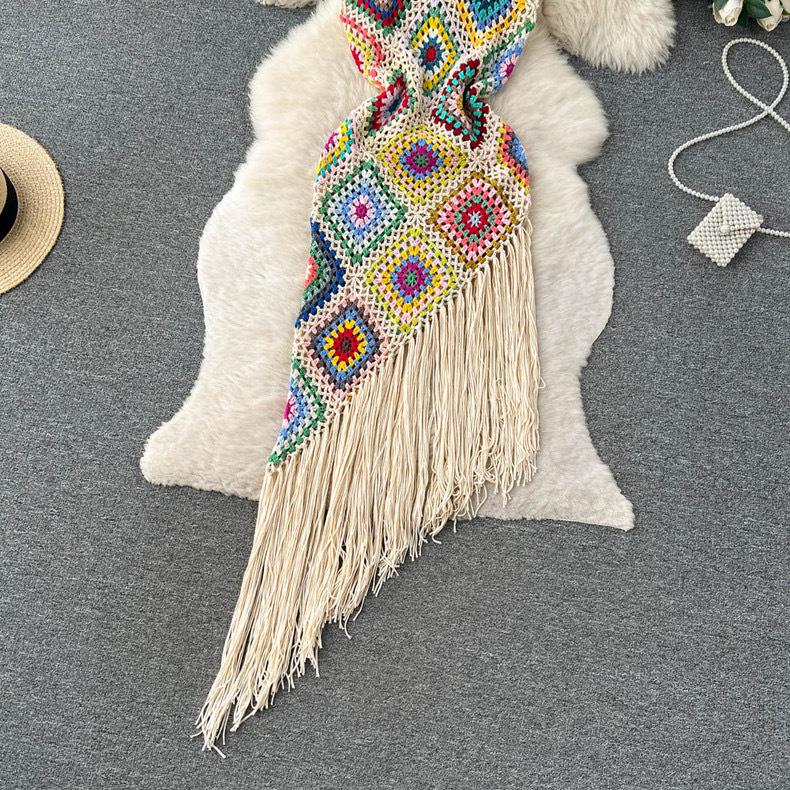 Böhmisches Ethno Häkelkleid mit Quasten und Spaghettiträgern für Damen