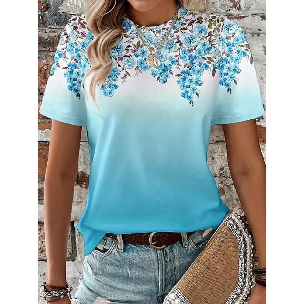 Women's T Shirt Casual Print Short Sleeve Regular Tops Daily Black Pink Blue Sky Blue Summer