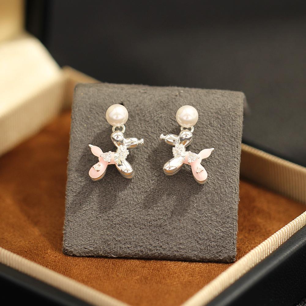 Creative Smart Balloon Puppy Stud Earrings Daily Versatile Cute Dripping Oil Exquisite Zircon Earrings S925 Silver Needle Earrings