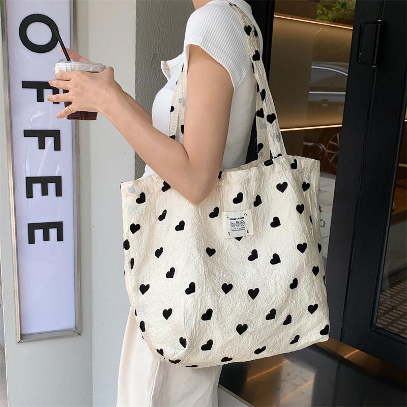 Trendy Canvas Heart Tote Bag Stylish Street Style Shoulder Bag With Large Capacity For Everyday Use