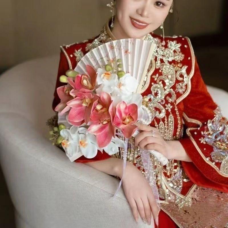 New Chinese Style Bride Folding Fan Bouquet for Engagement or Robe Accessory