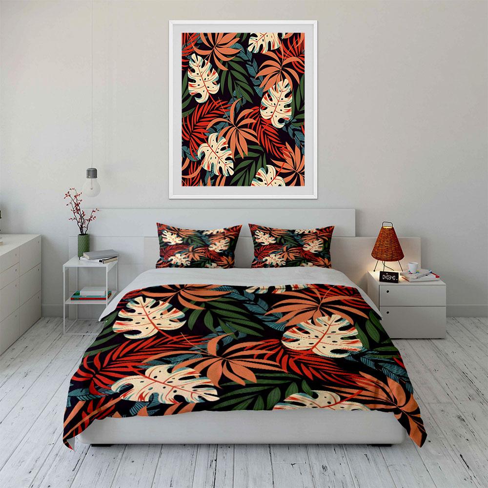 Tropical Leaf Print Pattern Bedding Duvet Cover Set  (1*Duvet Cover 2*Pillowcases, without duvet insert)