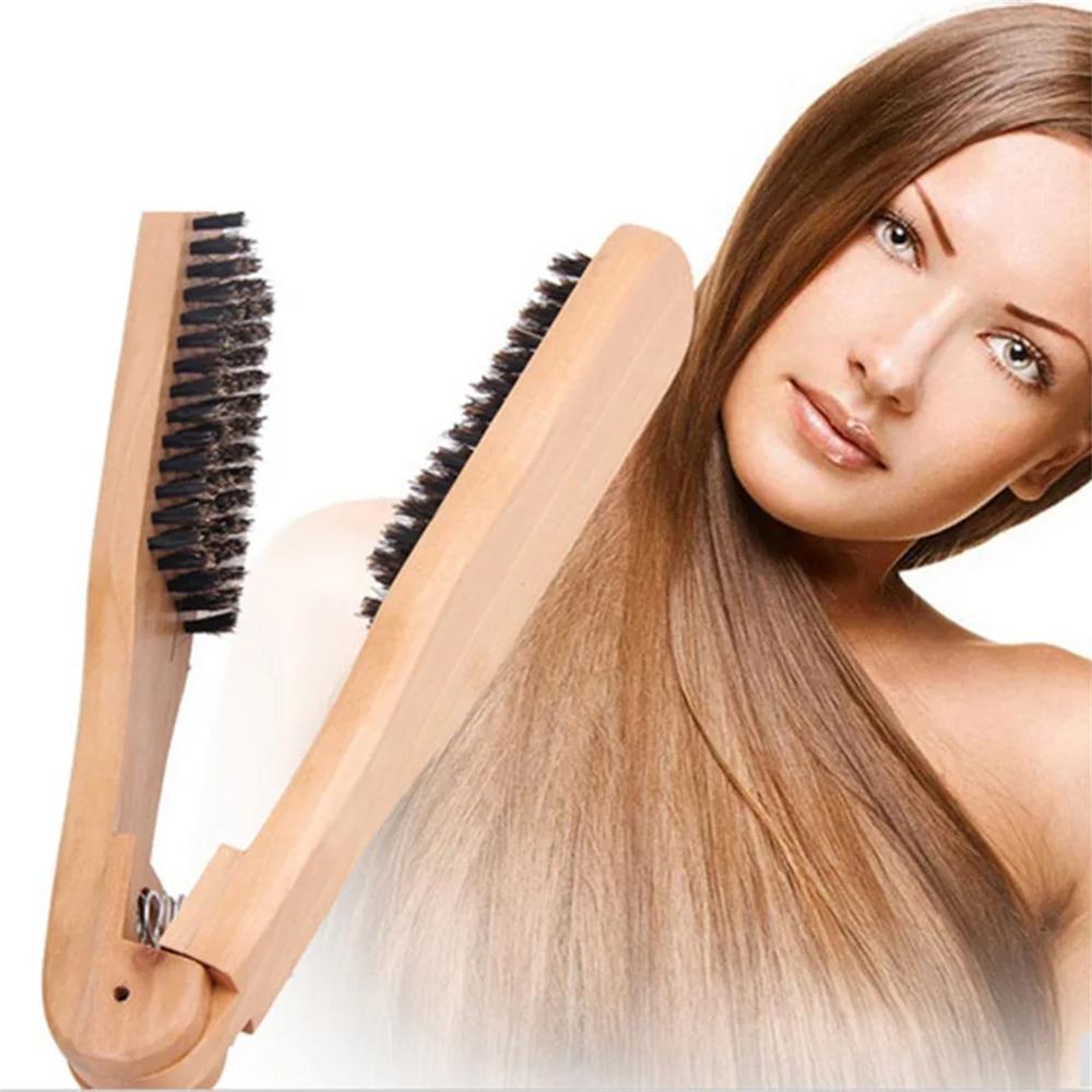 1PC Wood Handle Anti Static Hair Straightening Brush Bristle Straightener Comb For Smooth Natural Look Styling Tool Double Brush