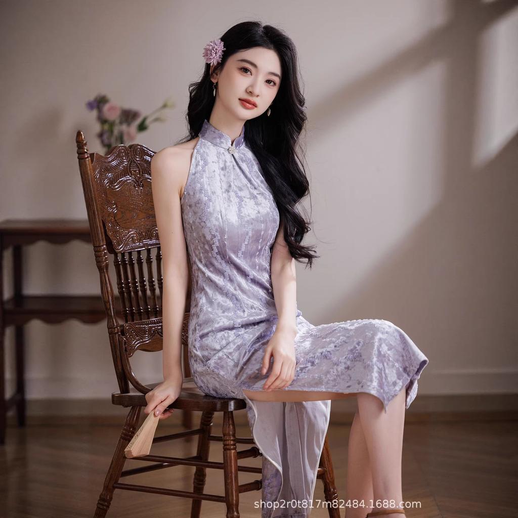 Purple cheongsam women's new Chinese style beautiful neck improvement young girl high sense velvet national style elegant daily