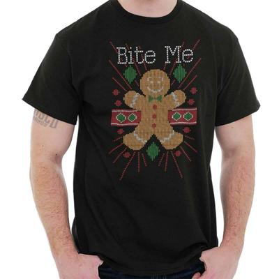 Bite Me Gingerbread Man Cookie Funny Cool Adult Short Sleeve Crewneck Tee