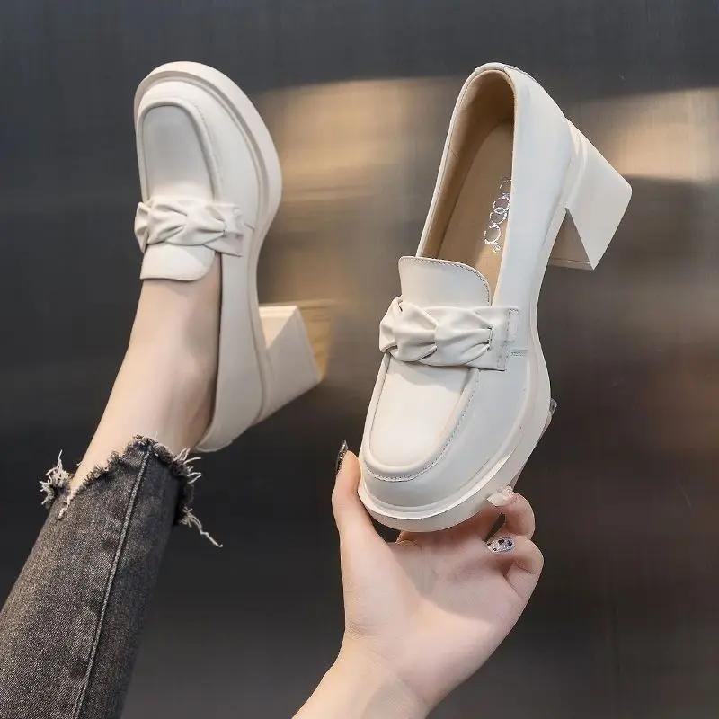 Woman PumpsLoafers Chunky Heels Shoes for Women on Heeled Loafers Round Toe Block Heel High Pumps Moccasins Lastest Luxury Brand