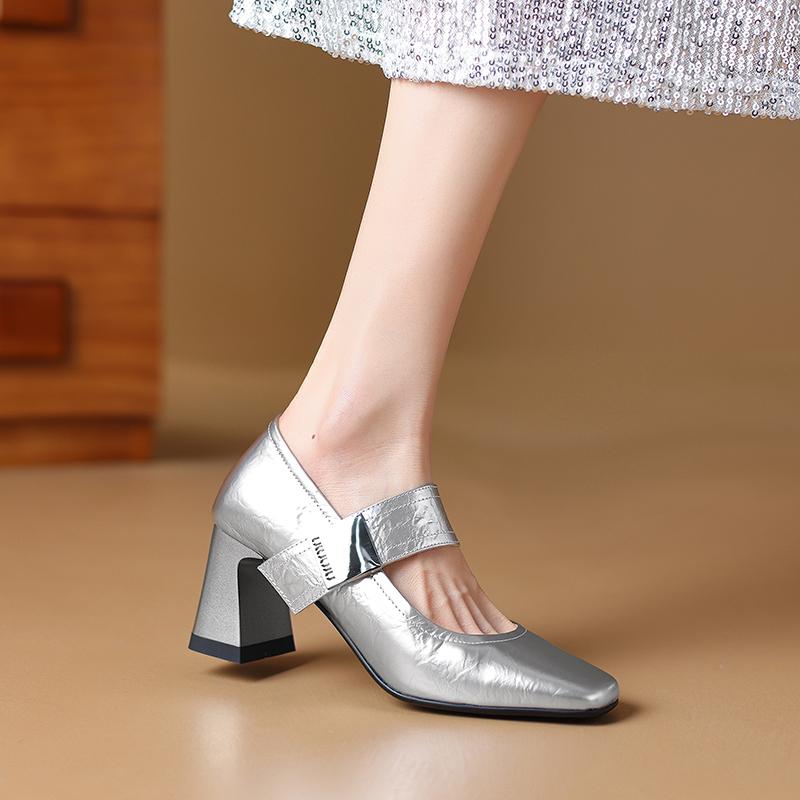 2024 High Heels Elegant Women Pumps Spring Summer Genuine Leather Square  Toe Buckle Strap Mary Janes Shoes Woman Office Lady
