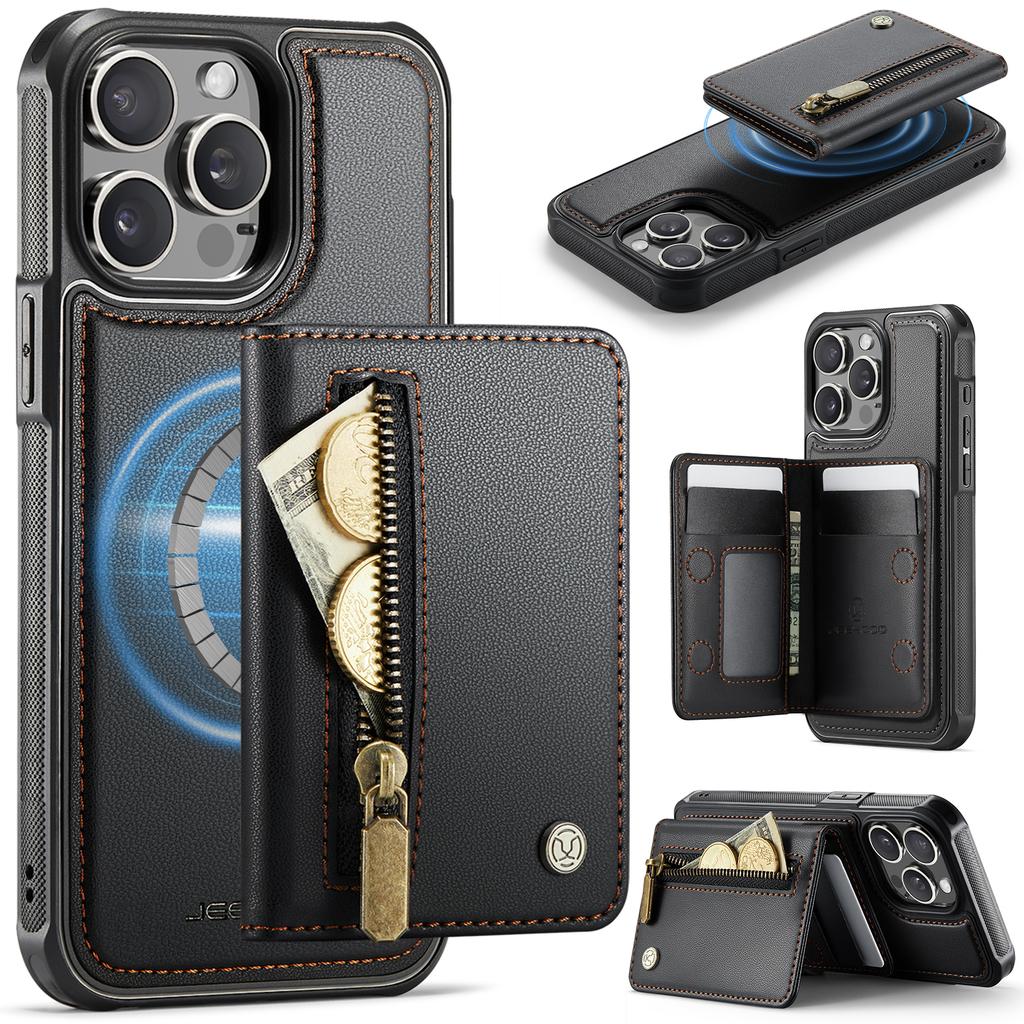 Etui JEEHOOD J12 do iPhone'a 14 Pro Magnetyczne Odpinany portfel na zamek Błyskawiczny Podpórka Skórzany tylny pokrowiec Kompatybilny z MagSafe